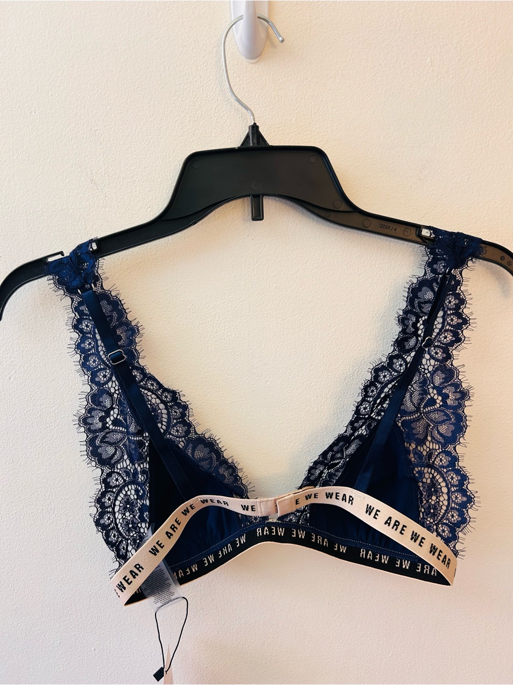 We Are We Wear Navy Satin Lace Trimmed Triangle Bralette Size Medium — image 8 of 8